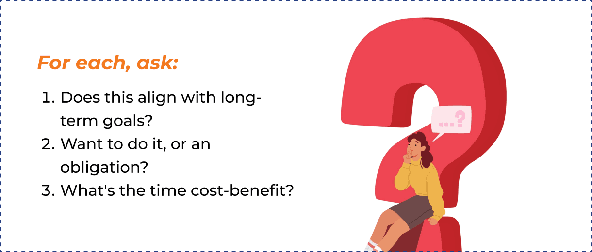 For each, ask: does this align with long-term goals, want to do it or obligation, what's the time cost-benefit