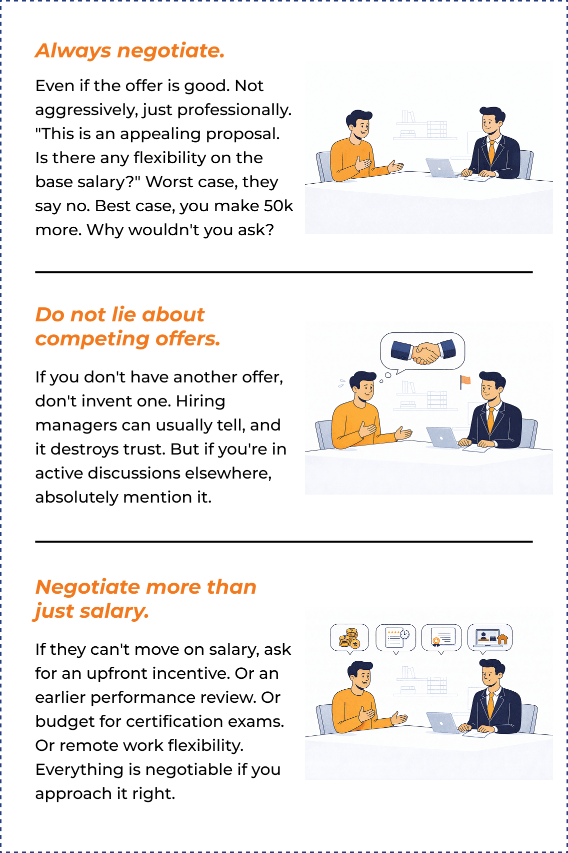 Always negotiate, do not lie about competing offers, negotiate more than just salary