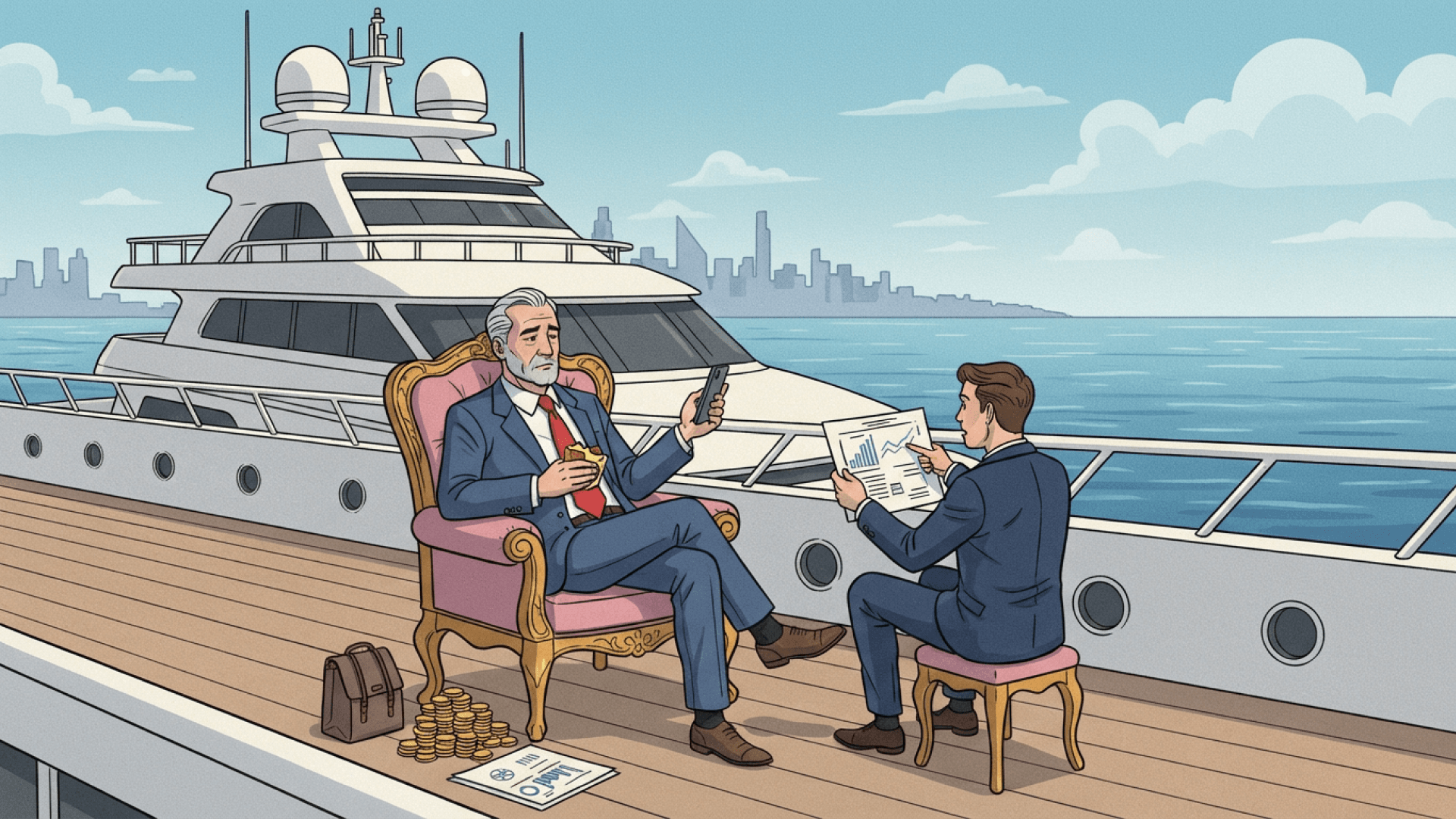 A bored billionaire on a yacht being pitched by an advisor