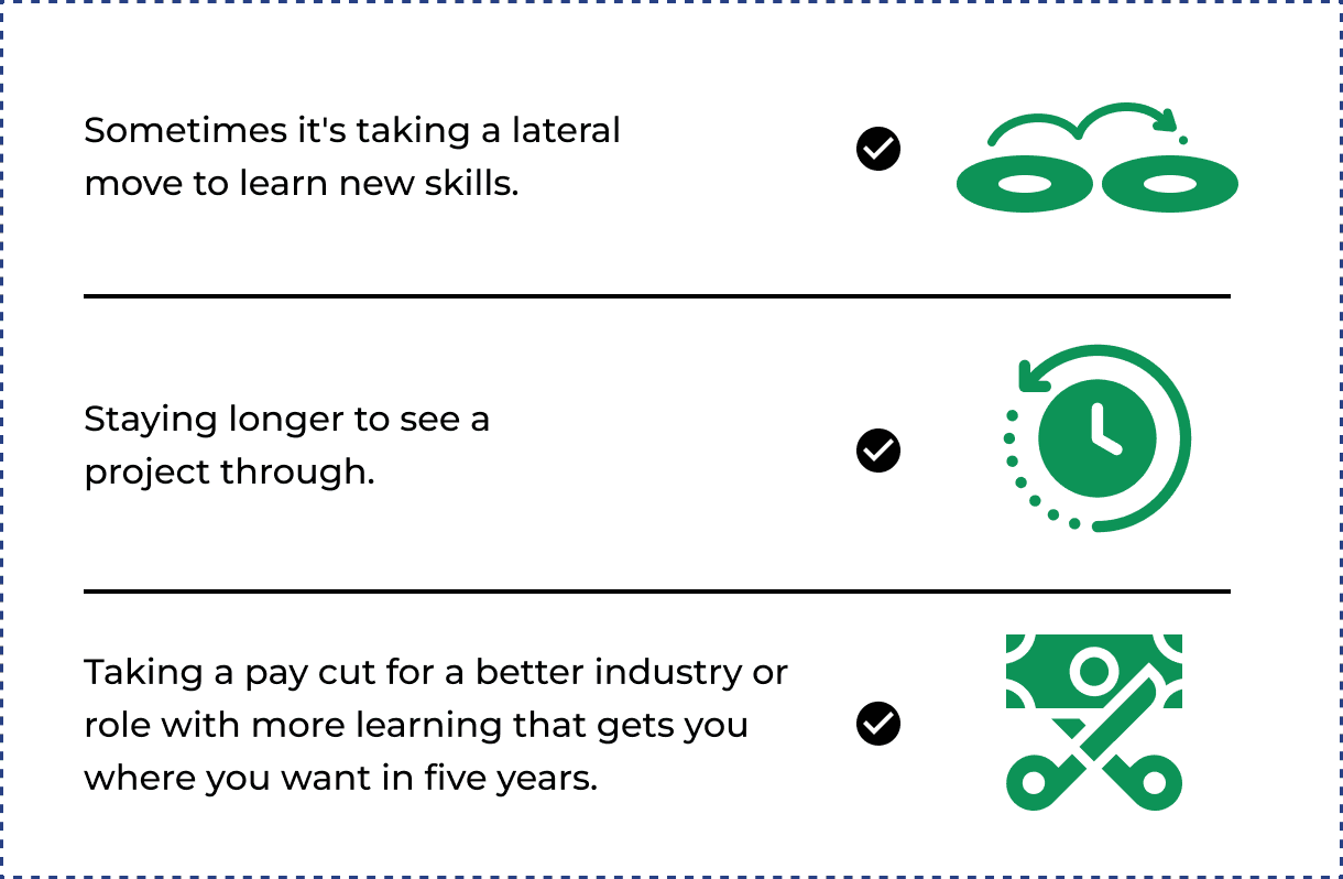 Sometimes it's a lateral move, staying longer, or a pay cut for more learning