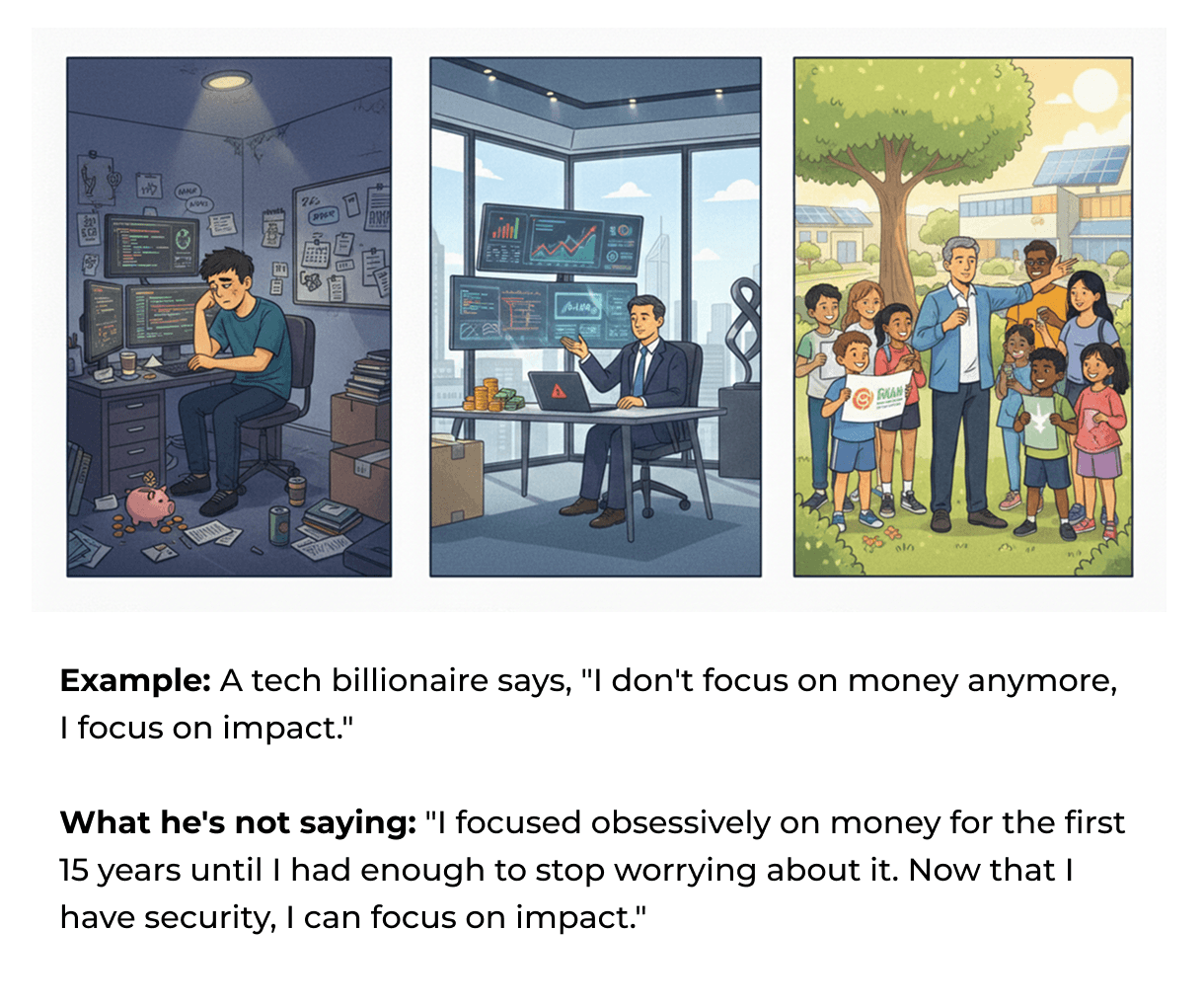 What the billionaire says vs what he's not saying about focusing obsessively on money first