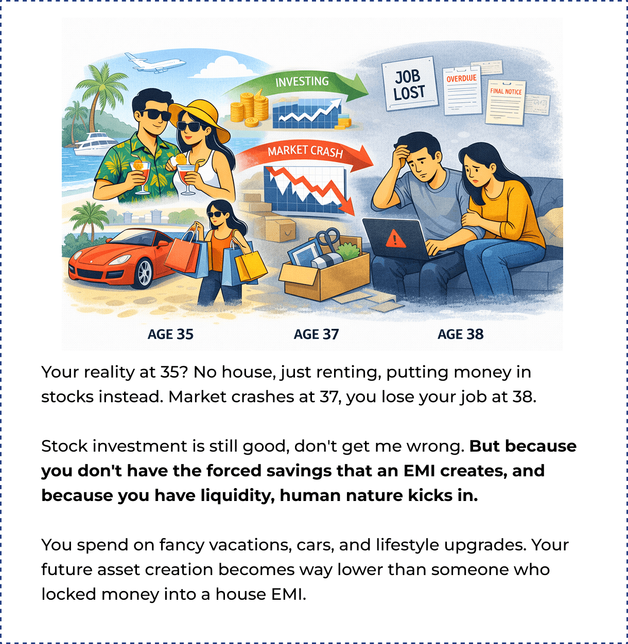 Your reality at 35: renting, market crash at 37, job lost at 38