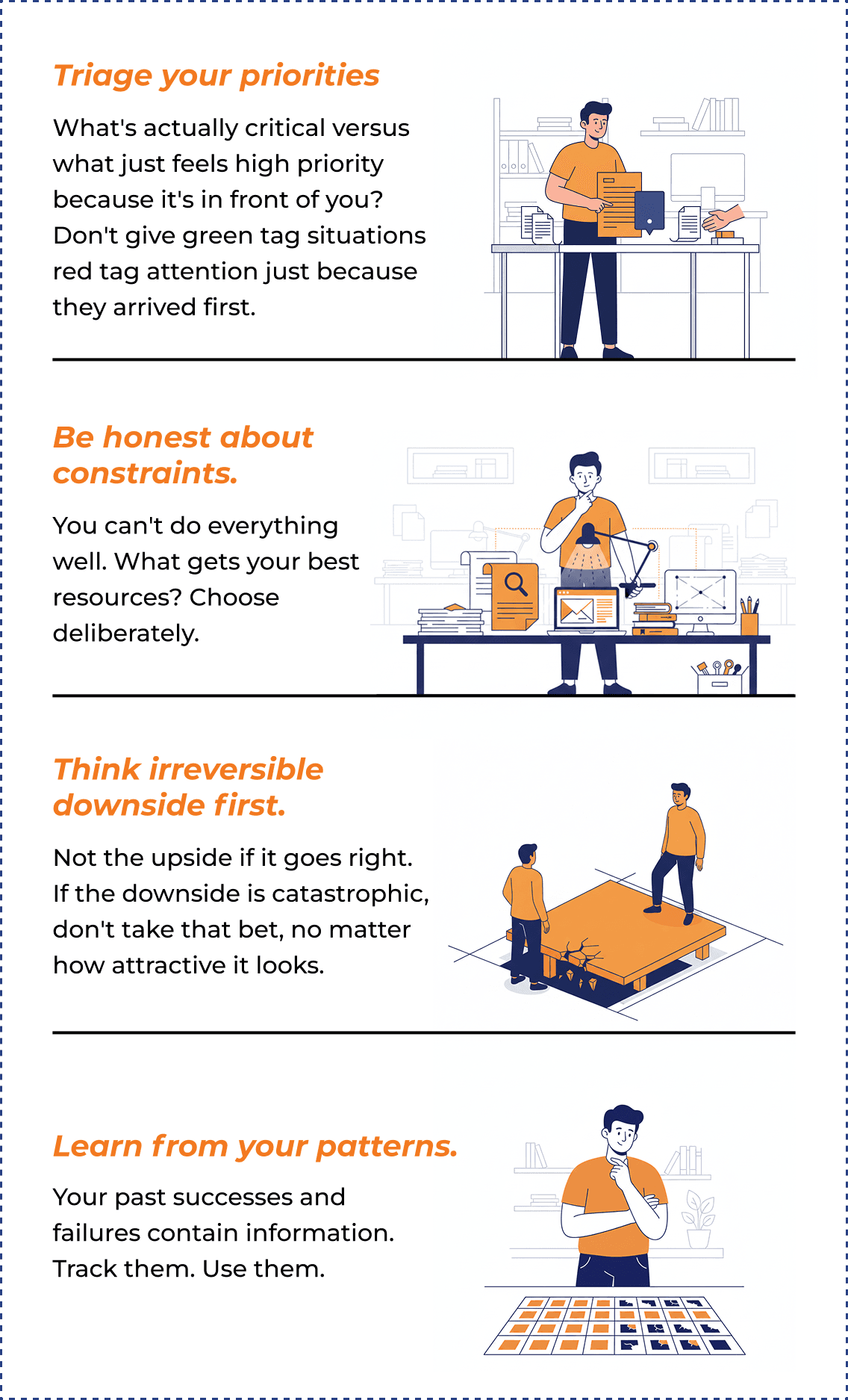Triage your priorities, be honest about constraints, think irreversible downside first, learn from your patterns