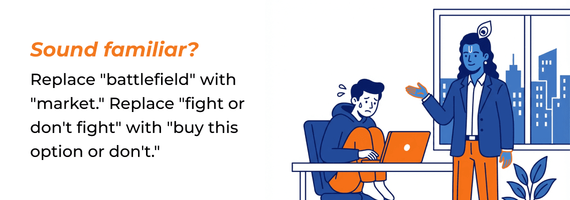 Sound familiar? Replace battlefield with market, fight or don't fight with buy this option or don't